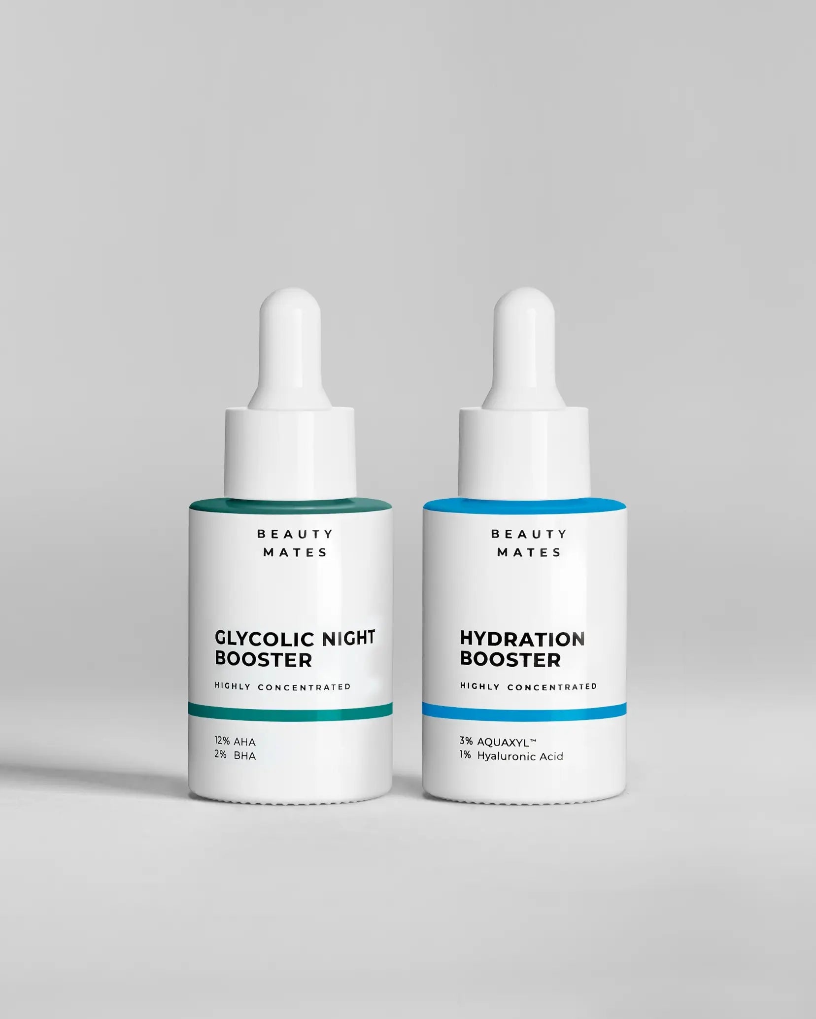 Beauty Mates Glycolic Night Booster und Hydration Booster, hochkonzentrierte Seren mit 12% AHA & 2% BHA sowie 3% AQUAXYL™ & 1% Hyaluronsäure zur nächtlichen Hauterneuerung und tiefenwirksamen Feuchtigkeitspflege.