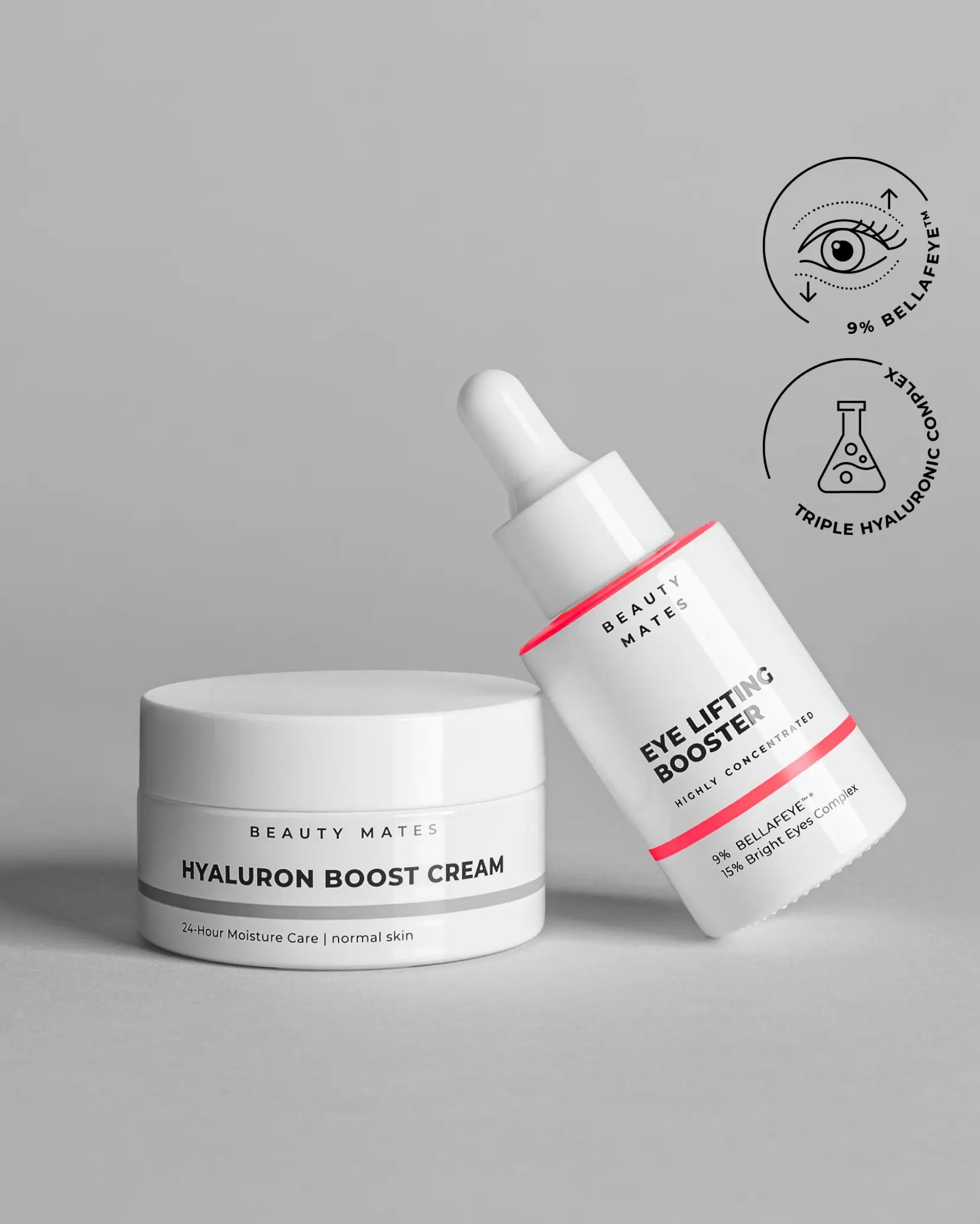 Beauty Mates Eye Lifting Booster und Hyaluron Boost Cream nebeneinander auf grauem Hintergrund mit 9% Bellafeye und Triple Hyaluronic Complex.