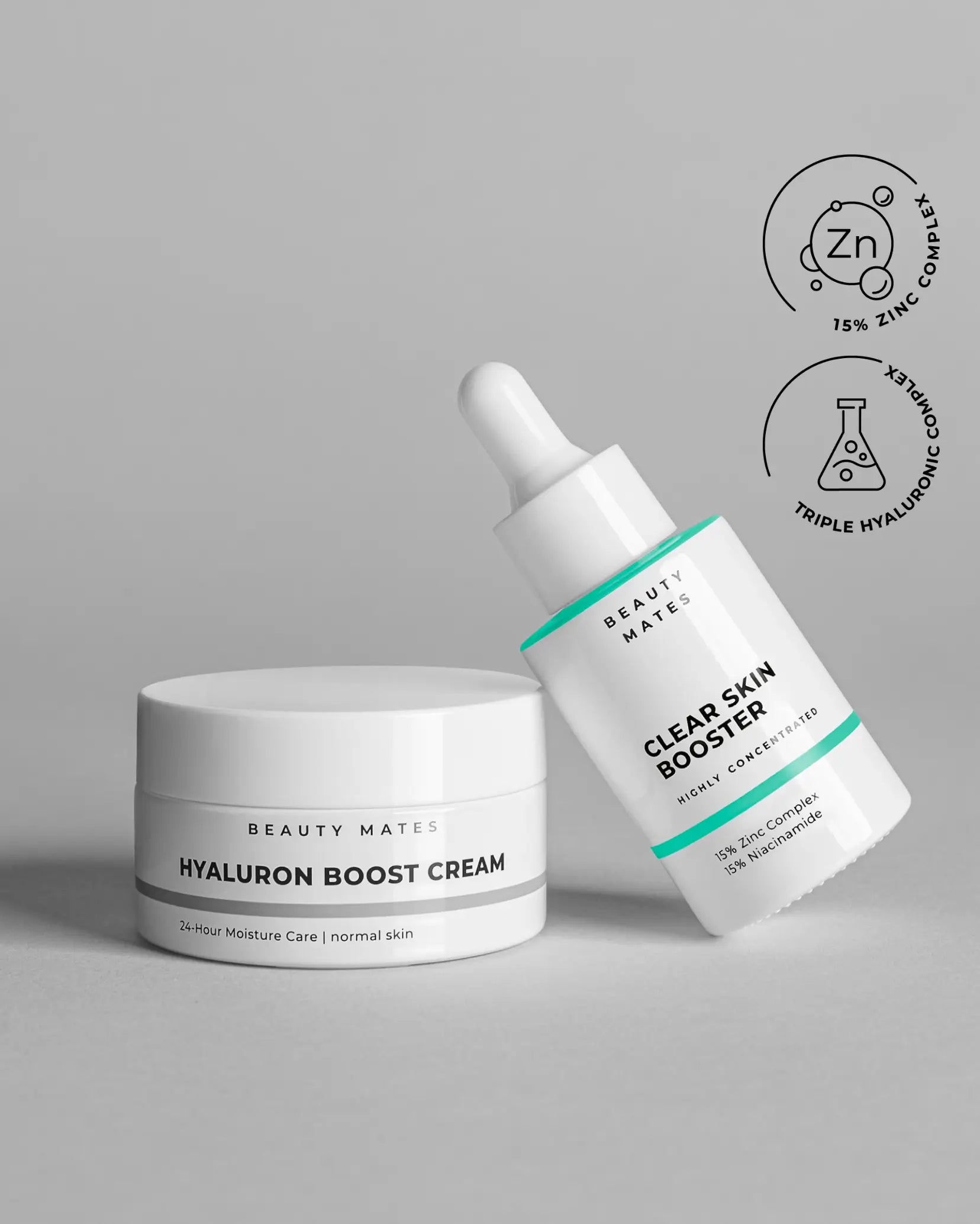 Beauty Mates Hyaluron Boost Cream und Clear Skin Booster - Hochkonzentrierte Hautpflegeprodukte mit 15% Zinkkomplex und Triple Hyaluronic Complex