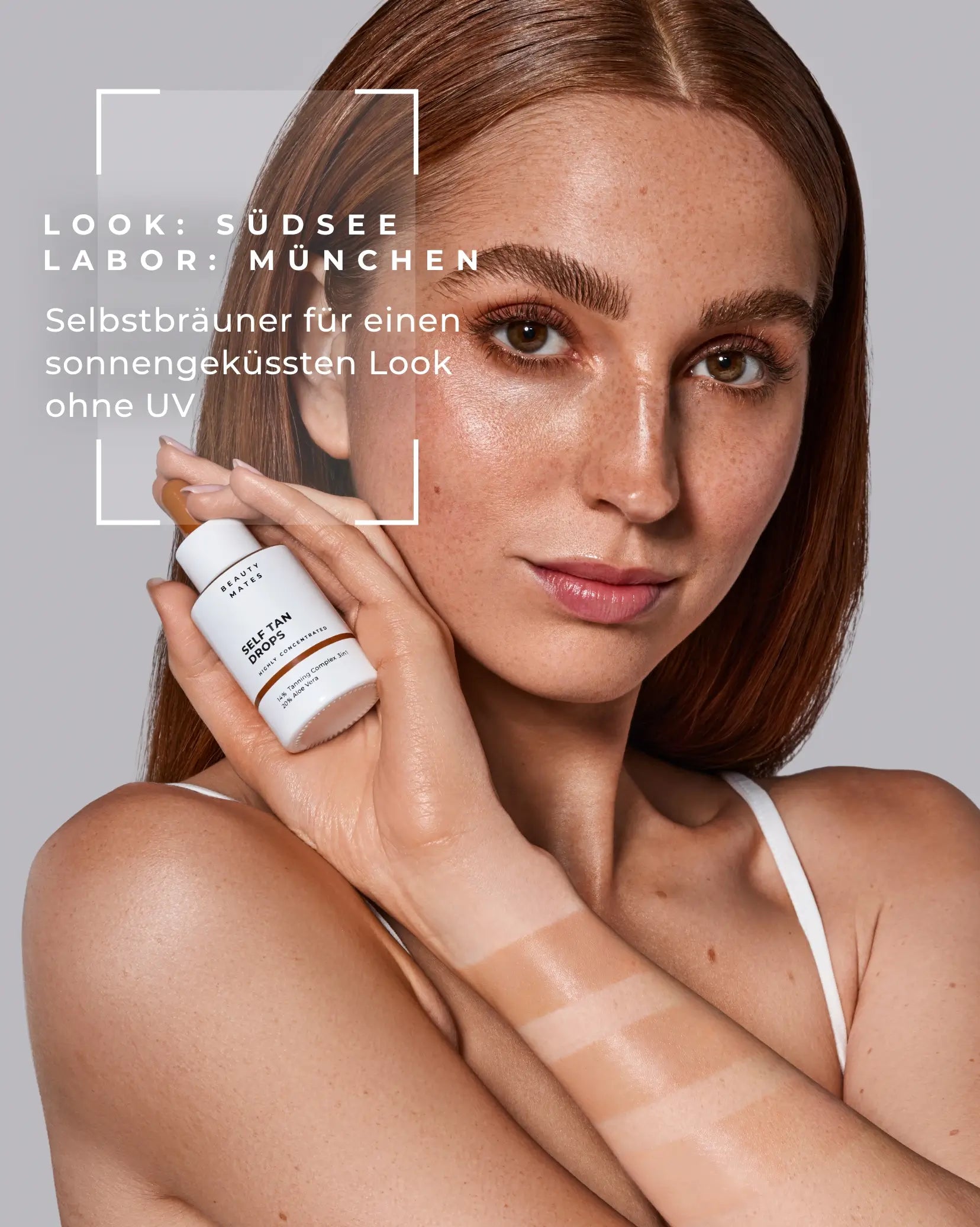 Beauty Mates Self Tan Drops - Selbstbräuner für einen sonnengeküssten Look ohne UV, Anwendung am Arm mit sichtbaren Bräunungsergebnissen.