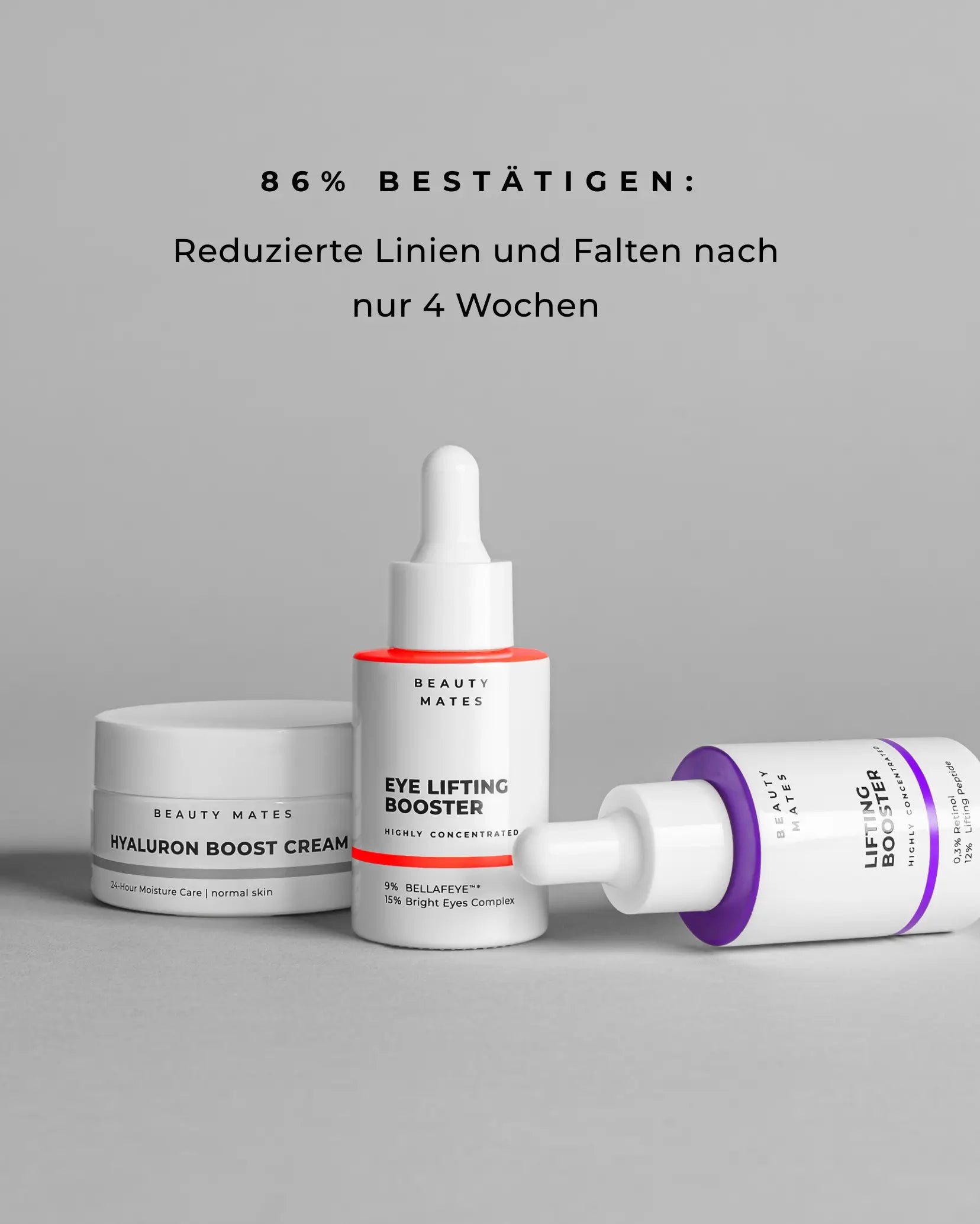 Beauty Mates Hyaluron Boost Cream, Eye Lifting Booster und Lifting Booster auf grauem Hintergrund. Text: "86% bestätigen: Reduzierte Linien und Falten nach nur 4 Wochen".