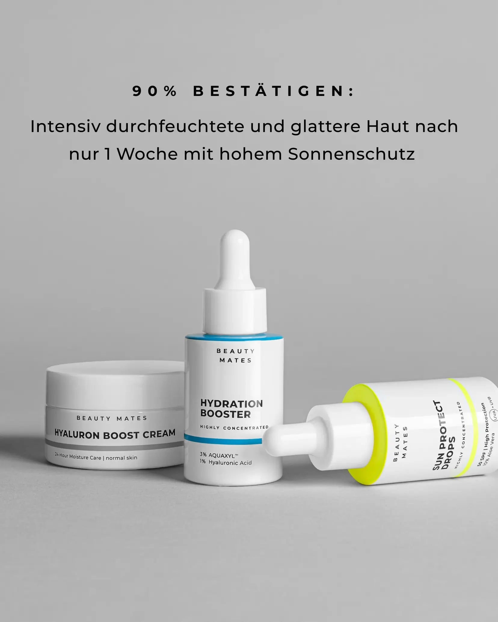 Beauty Mates Hyaluron Boost Cream, Hydration Booster und Sun Protect Drops auf grauem Hintergrund. Text: 90% bestätigen: Intensiv durchfeuchtete und glattere Haut nach nur 1 Woche mit hohem Sonnenschutz.