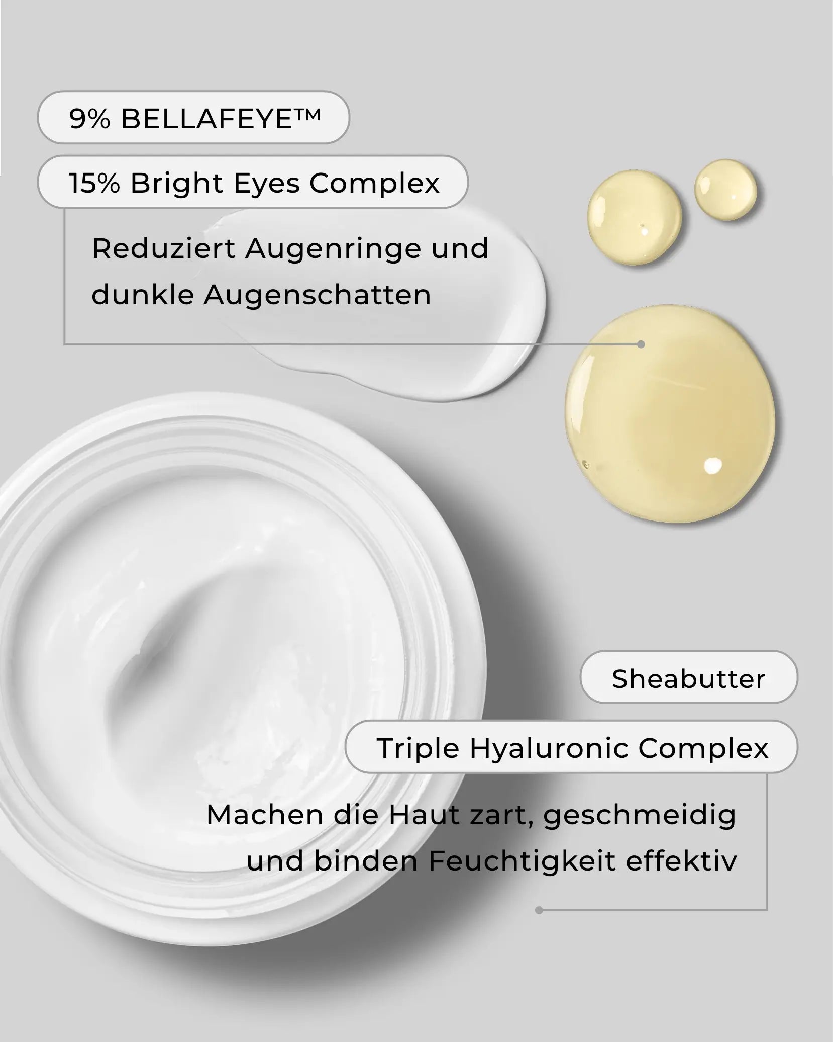  Beauty Mates Eye Lifting Booster und Hyaluron Boost Cream auf grauem Hintergrund. Beschriftungen der Inhaltsstoffe: 9% Bellafeye, 15% Bright Eyes Complex, reduziert Augenringe und dunkle Augenschatten. Triple Hyaluronic Complex und Sheabutter machen die Haut zart, geschmeidig und binden Feuchtigkeit effektiv.