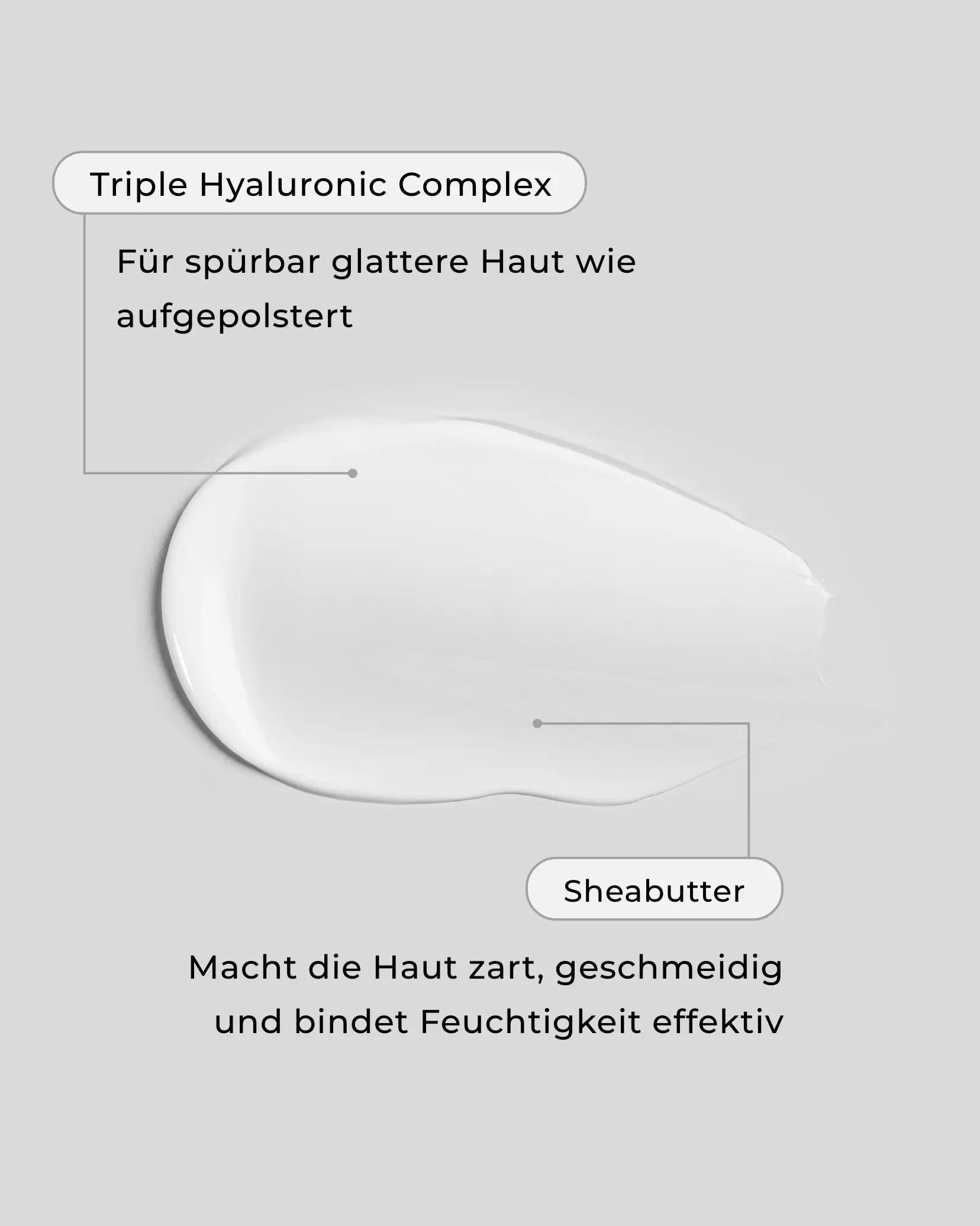 Nahaufnahme von Beauty Mates Hyaluron Boost Cream mit Text "Triple Hyaluronic Complex: Für spürbar glattere Haut wie aufgepolstert. Sheabutter: Macht die Haut zart, geschmeidig und bindet Feuchtigkeit effektiv.