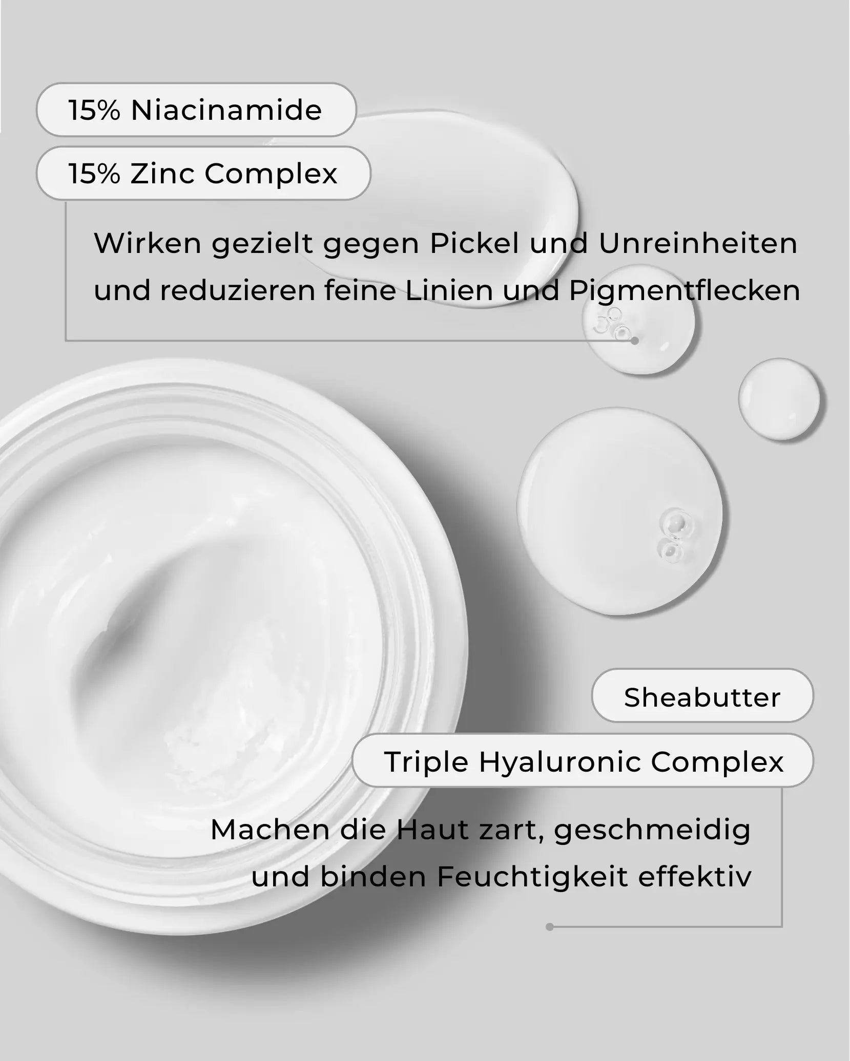 Beauty Mates Inhaltsstoffe: 15% Niacinamide, 15% Zinkkomplex, Sheabutter und Triple Hyaluronic Complex - Bekämpft Pickel und Unreinheiten, reduziert feine Linien und Pigmentflecken, macht die Haut zart und geschmeidig.