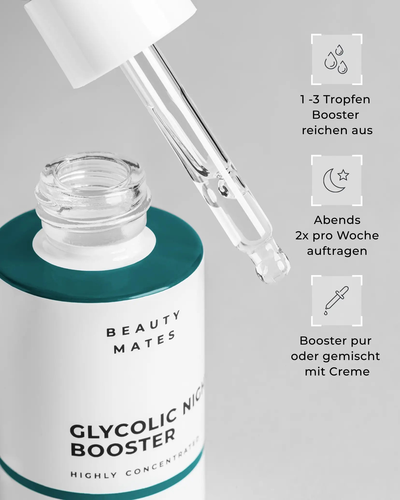 Beauty Mates Glycolic Night Booster - Anwendung des hochkonzentrierten Nachtserums mit Pipette