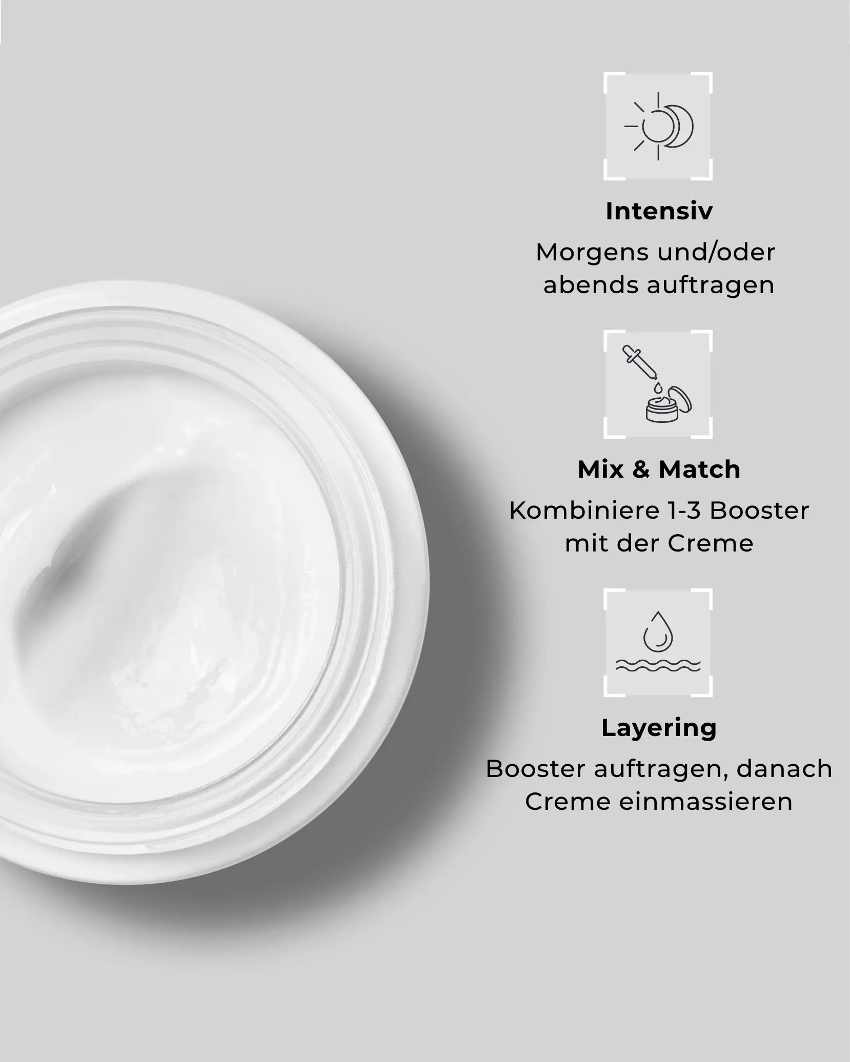 Hyaluron Boost Cream in einem geöffneten Tiegel mit Anwendungshinweisen daneben.