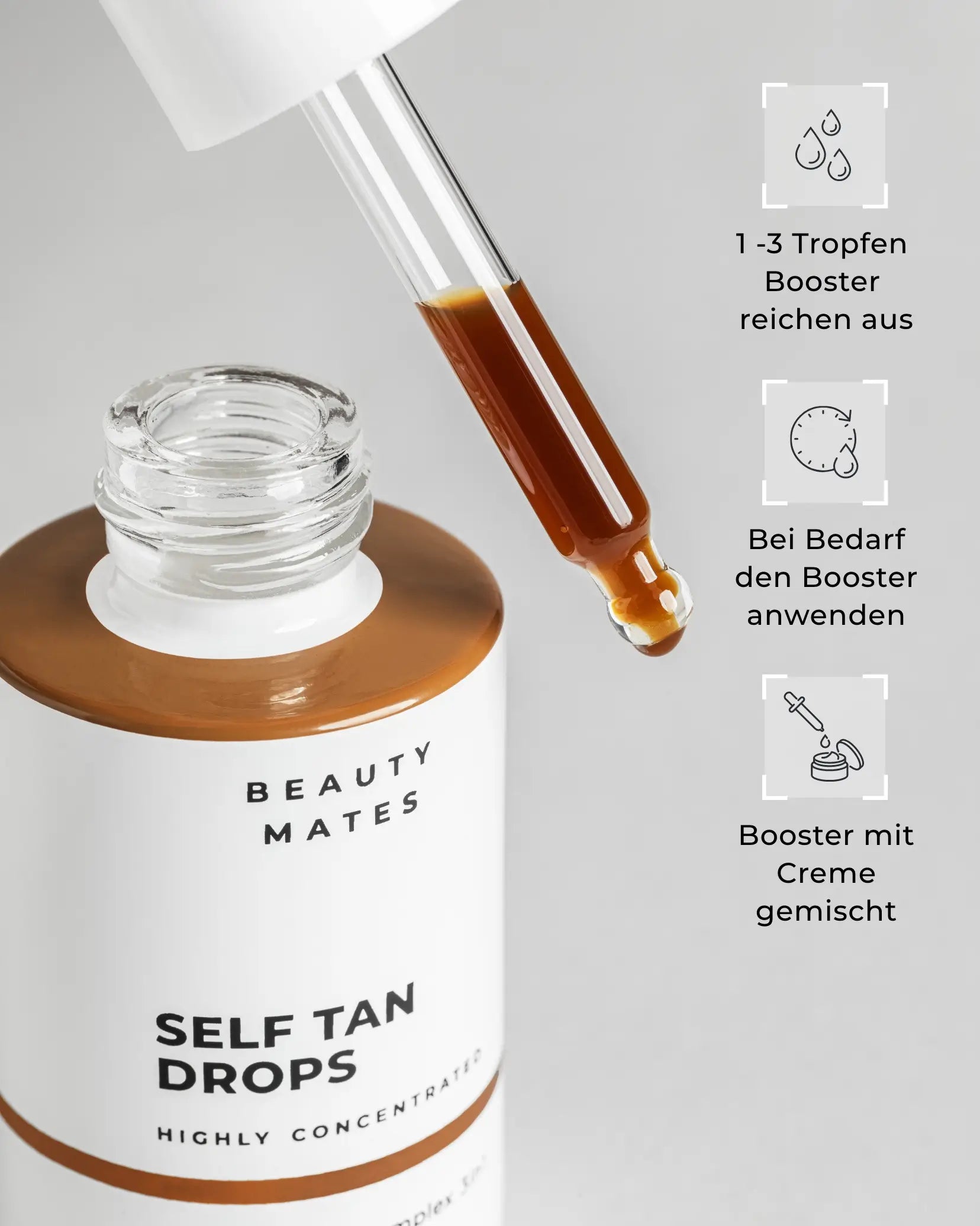 Beauty Mates Self Tan Drops - Anwendung mit Pipette und Anweisungen.