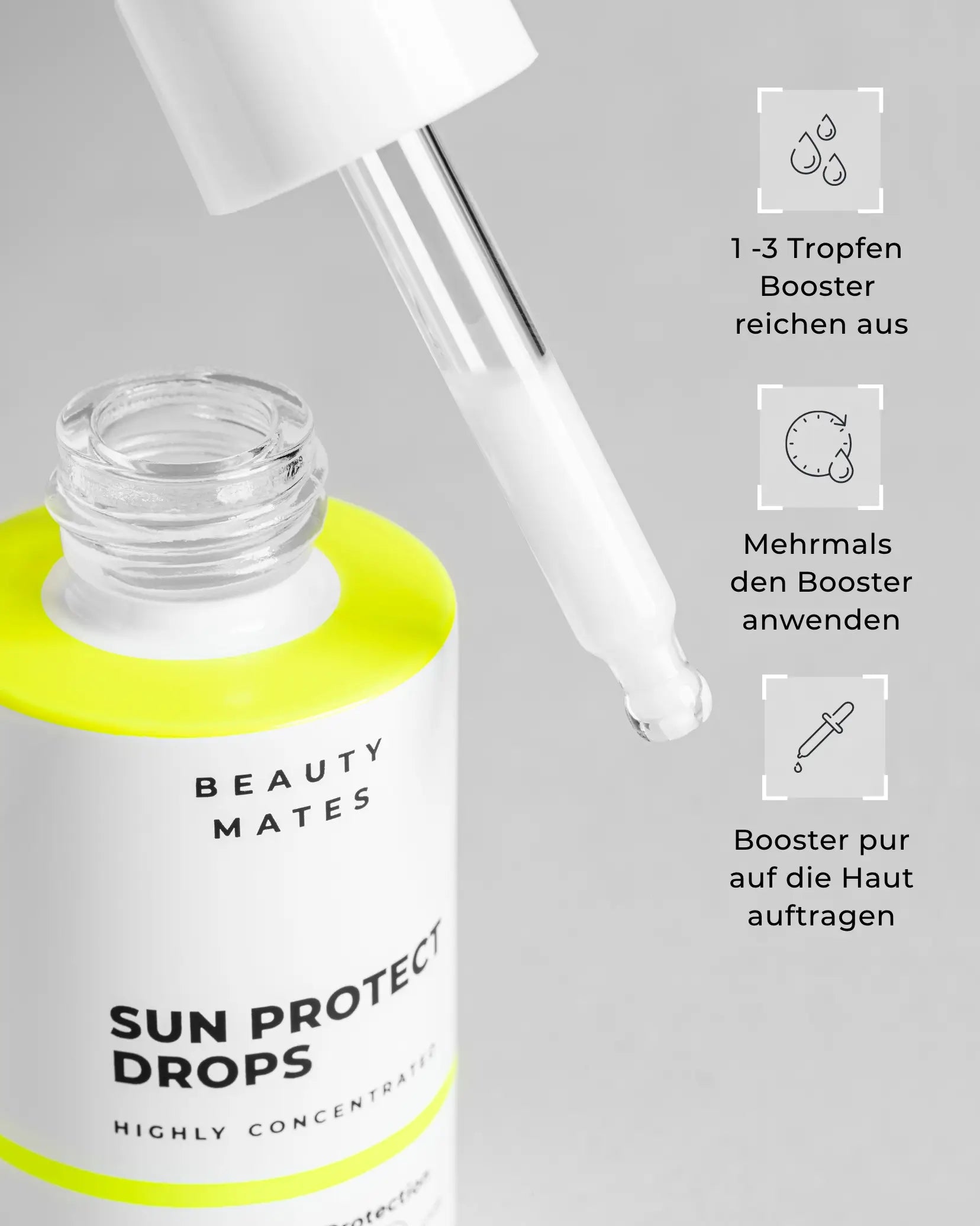 Beauty Mates Sun Protect Drops mit 50 SPF und 10% Aloe Vera, Anwendungshinweise: 1-3 Tropfen reichen aus, mehrmals anwenden, pur auf die Haut auftragen.