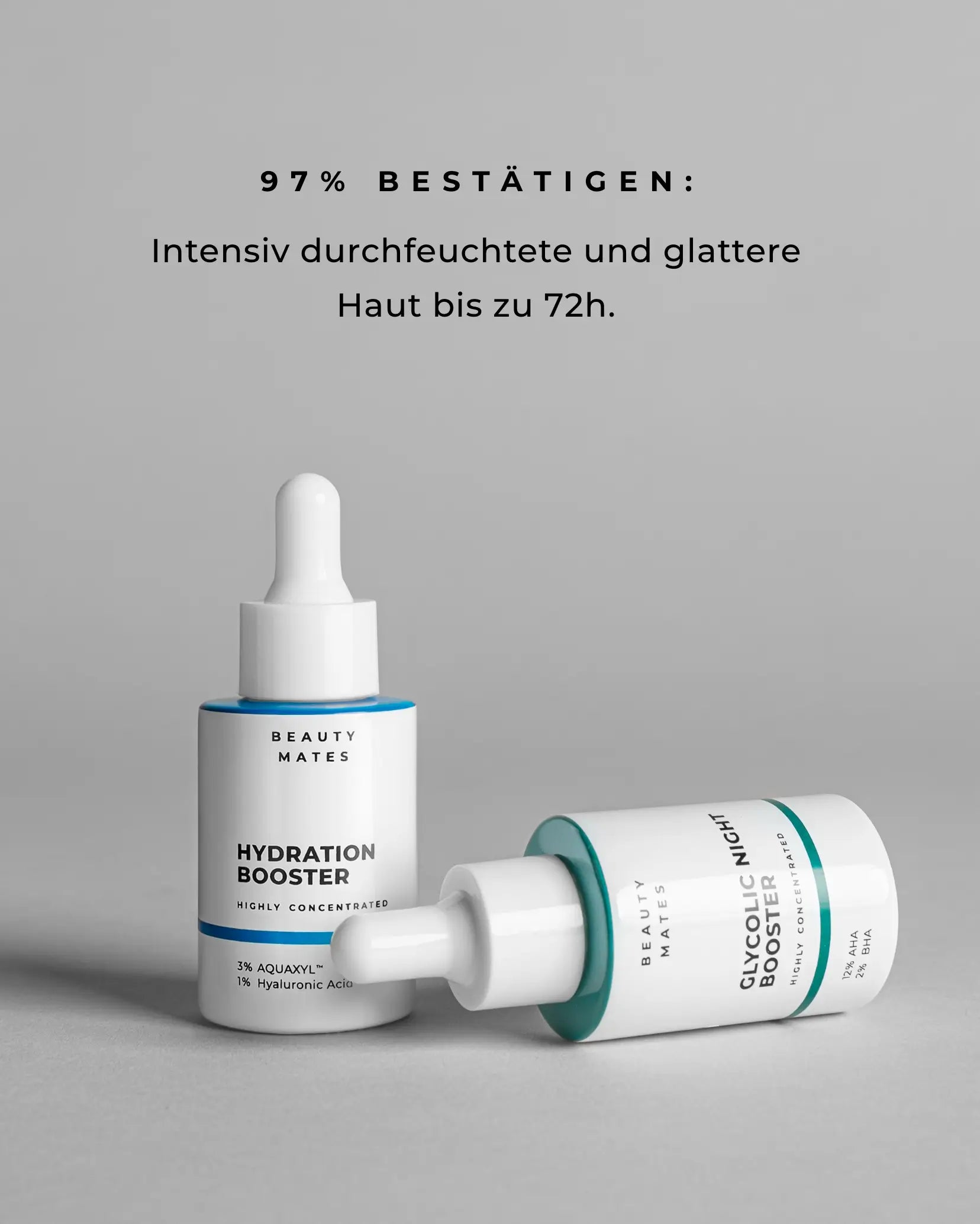 Stillleben Hydration Booster und Glycolic Night Booster mit Aufschrift 97% Bestätigen intensiv durchfeuchtete und glatte Haut bis 2h
