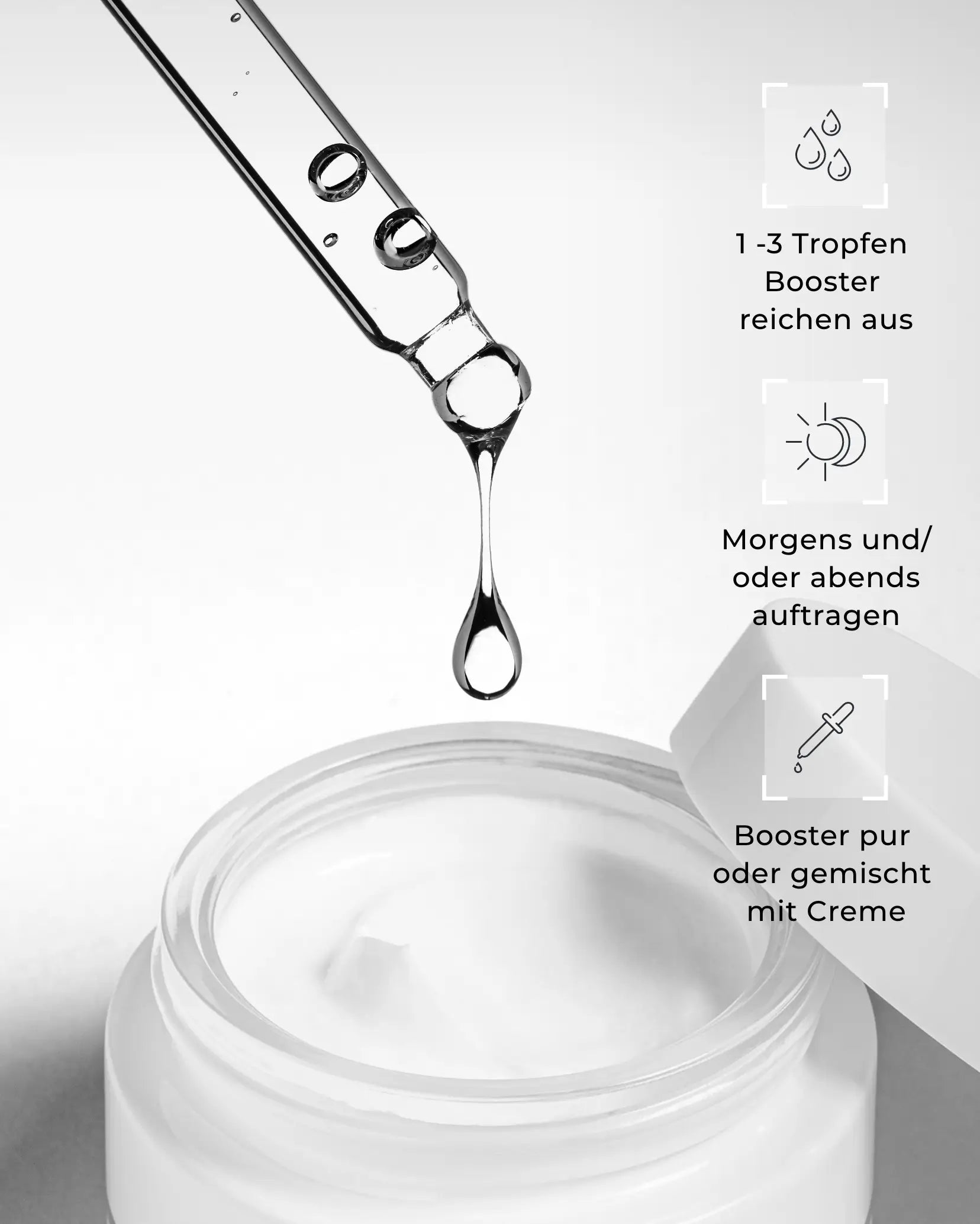 Beauty Mates Clear Skin Booster Anwendung mit Creme. Text: "1-3 Tropfen Booster reichen aus. Morgens und/oder abends auftragen. Booster pur oder gemischt mit Creme."