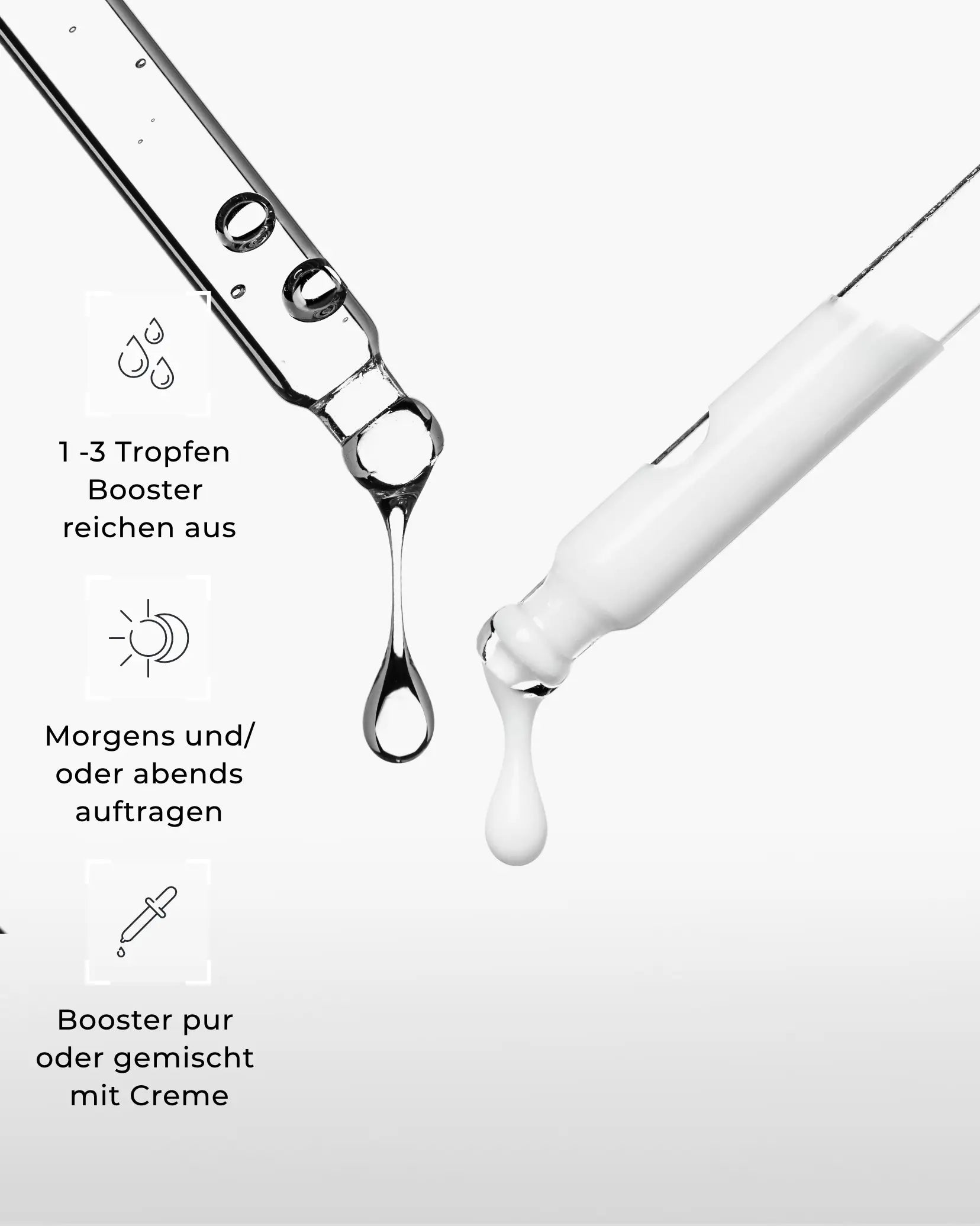  Nahaufnahme einer Pipette, die Tropfen in eine Creme tropft. Text: 1-3 Tropfen Booster reichen aus, morgens und/oder abends auftragen, Booster pur oder gemischt mit Creme verwenden.