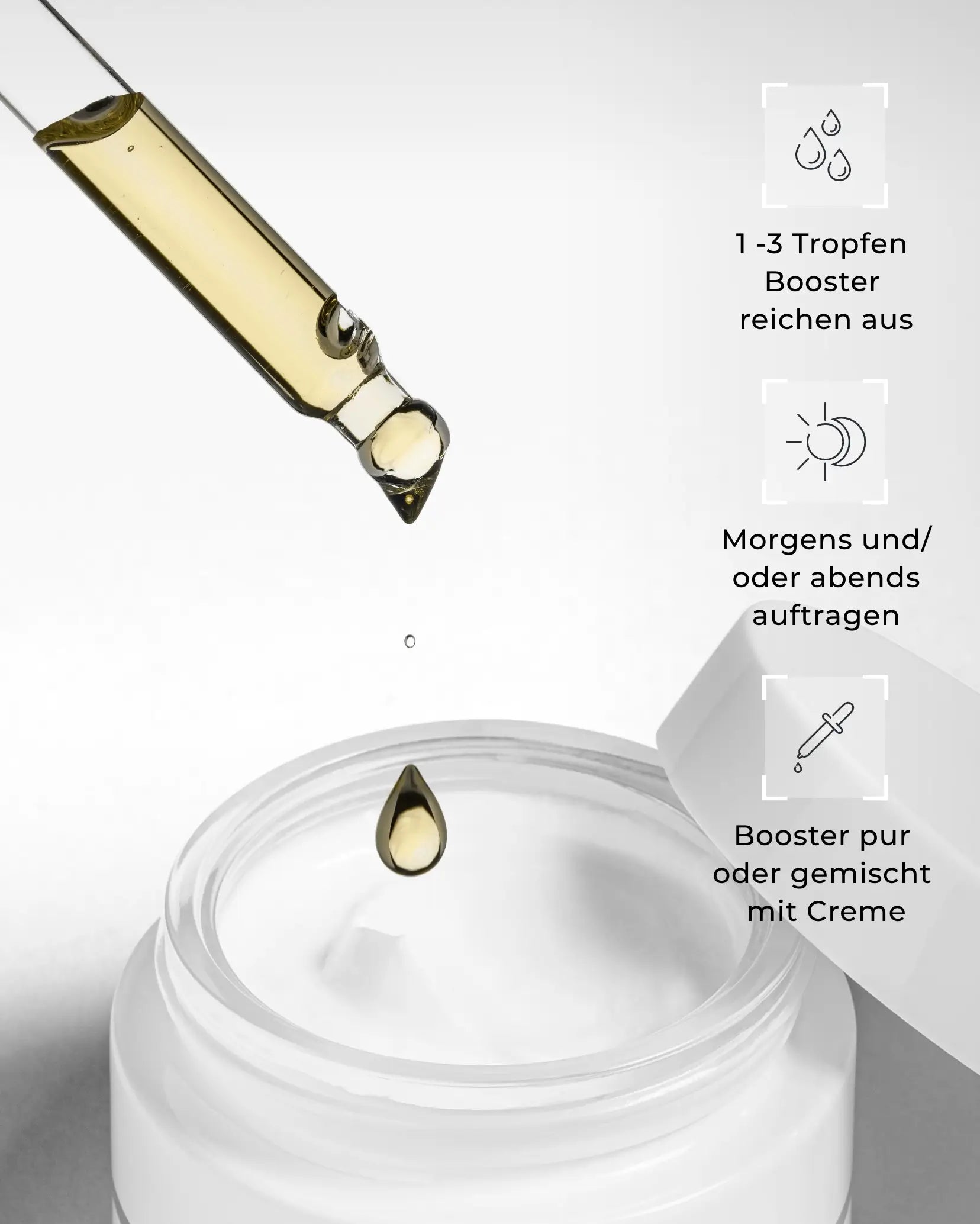 Beauty Mates Eye Lifting Booster Anwendung: Eine Pipette lässt einen Tropfen in einen Cremebehälter fallen. Beschriftungen: 1-3 Tropfen Booster reichen aus, morgens und/oder abends auftragen, Booster pur oder gemischt mit Creme.