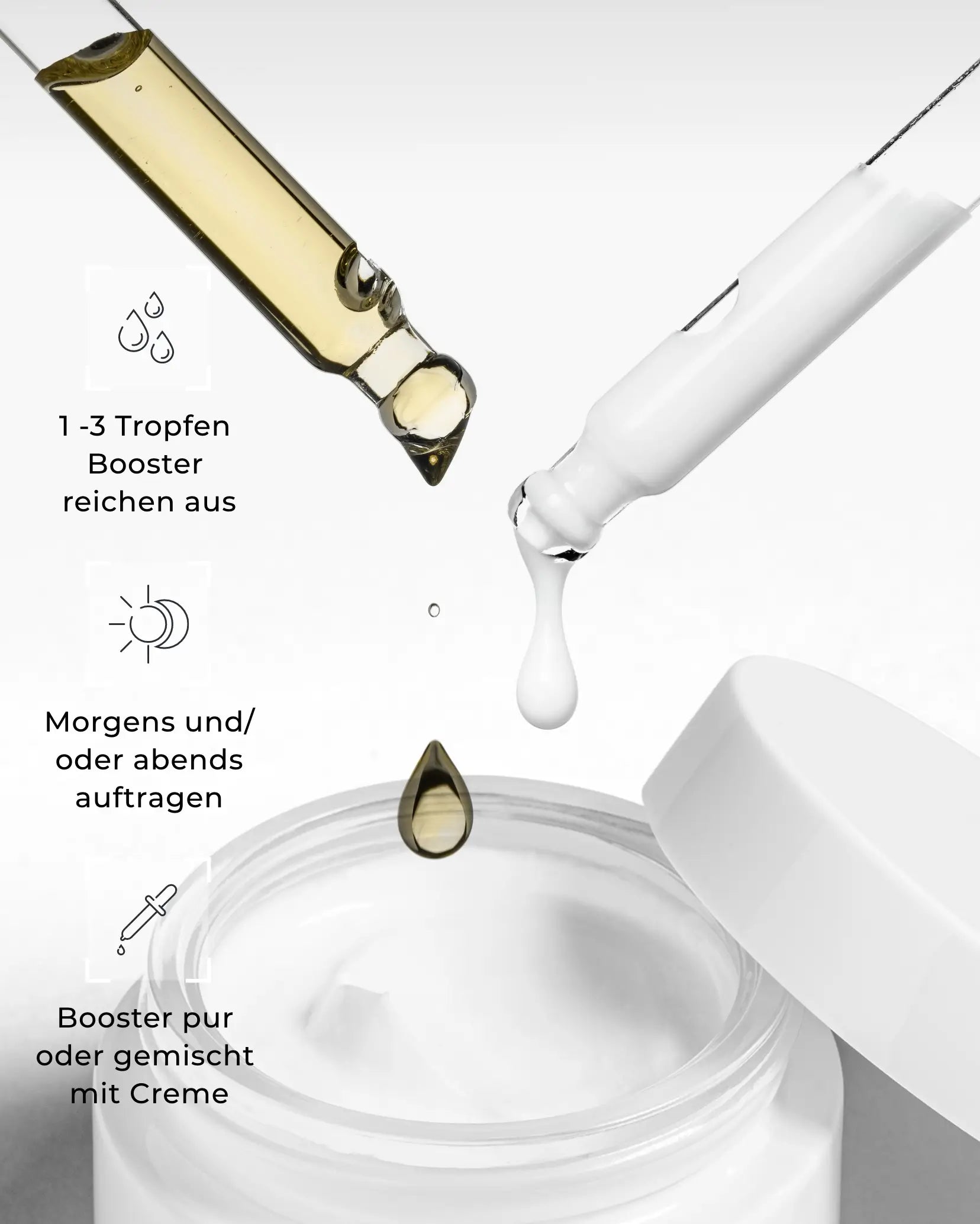 Anwendung und Dosierung des Beauty Mates Lifting Boosters und Glycolic Night Boosters auf grauem Hintergrund. Text: 1-3 Tropfen Booster reichen aus. Morgens und/oder abends auftragen. Booster pur oder gemischt mit Creme.