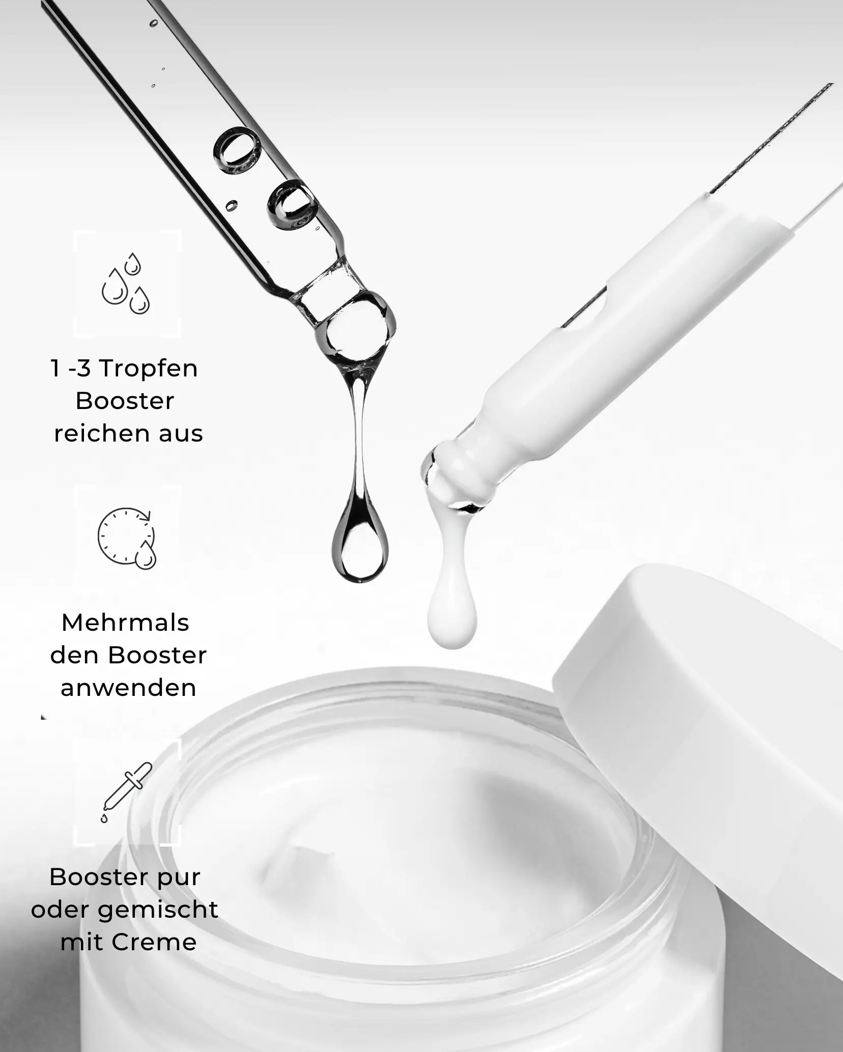 Anwendung des Beauty Mates Boosters mit Creme auf grauem Hintergrund. Text: 1-3 Tropfen Booster reichen aus. Mehrmals den Booster anwenden. Booster pur oder gemischt mit Creme auftragen.